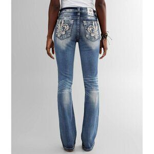 Miss Me Womens Mid Rise Bootcut Jeans Size 27 Fleur De Lis Embellished Back Pock